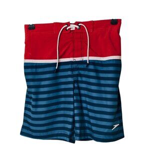Speedo Mens Swim Trunks Shorts S Red Blue Striped Pckts Lining Nautical Surf